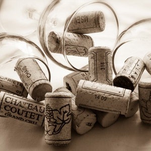 Wine Cork Wall Art Print – Sepia Wine Photography with French Corks and Glasses for Kitchen, Dining Room or Cellar Decor (B&W Available)