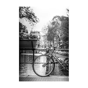 Amsterdam Bicycle Wall Art – Black and White Fine Art Print of Dutch Bike on Canal Bridge, European Travel Photography Decor
