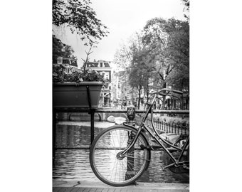 Amsterdam Cityscape Fine Art - Black & White Bicycle Print Travel Photograph, Amsterdam Canal Photo for Living Room Art or Apartment Decor