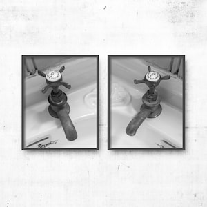 Bathroom Wall Art Prints, Set of 2 Laundry Room Photos, Faucet, Knobs, Black & White Washroom Hot and Cold Photograph
