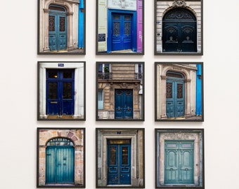 French Door Charm - Set of 9 Colorful Door Photography Prints, Nine French Doors Gallery Wall Set in Shades of Blue and Teal