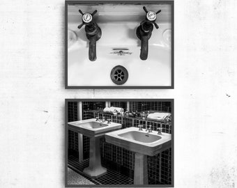 Bathroom Wall Decor Photography Prints, Set of 2 Laundry Room Photos, Faucet, Knobs, Black & White Washroom Hot and Cold French Taps