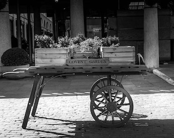 Covent Garden Charm: Vintage Cart Photography Print, London Photography in Black & White for Home Wall Decor, Unframed Wall Art Prints