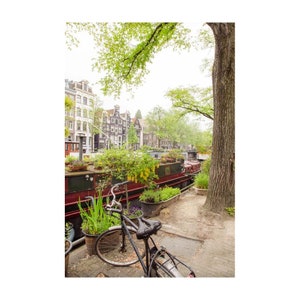 Amsterdam Wall Art Print of Dutch Canal Bicycle Scene with Spring Houseboats and Tree-Lined Street for European Travel Home Decor