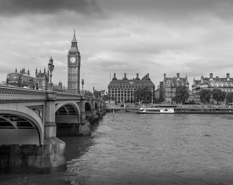 Westminster Bridge and Big Ben - Classic London Vista Photo Print, London Wall Art Thames River Black & White Fine Art Photography Prints