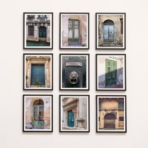 Italian Door Photography Prints Set of 9 – Rustic Green Shutters and Weathered Architecture Wall Art in Colour, Black and White or Sepia