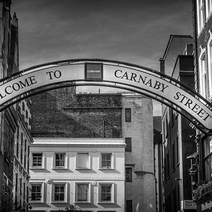 Black and white London photography print of Carnaby Street sign, Soho street art wall decor, urban monochrome travel print for gallery walls