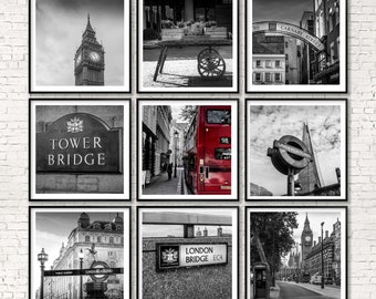 London Photography Prints Set - 5x5" Gallery Wall Art Set 9 Prints, Big Ben, Westminster, Red Double Decker Bus, Piccadilly, Covent Garden