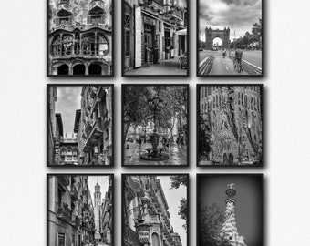 Barcelona in Monochrome - Set of 9 Black & White Architectural Photography Prints, Wall Art Prints for Gallery Wall Decor, Europe Photos