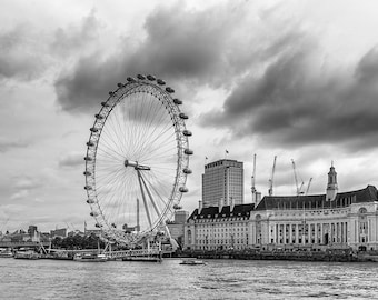 London Eye Photography in Black and White, Ferris Wheel Fine Art Print British Architecture, Millennium Wheel South Bank of the River Thames