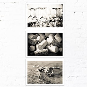 Wine kitchen wall art set of 3 prints – corkscrew, wine corks and glasses photography in sepia or black and white for rustic wine decor
