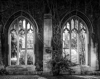 Gothic Arch Window Art Print: Black & White Historical Architecture Photography, St Dunstan in the East London Photography