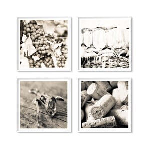 Wine Kitchen Decor Print Set - French Winery Gallery Wall Set of 4 Prints in Sepia, Vineyard and Wine Tasing Photography