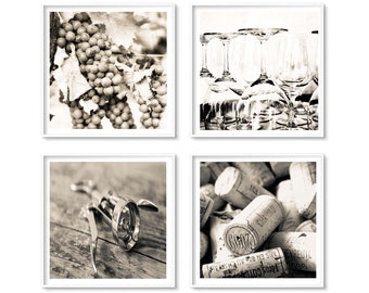 Wine Kitchen Decor Print Set - French Winery Gallery Wall Set of 4 Prints in Sepia, Vineyard and Wine Tasing Photography