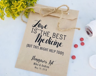 Wedding Hangover Kit Bags! - Love is the Best Medicine - Favor Bags - Custom Printed on Kraft Brown Paper Bags