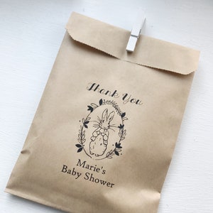 Sacchetti per bomboniere per baby shower - Tema per baby shower con giardino di Peter Rabbit per semi o tè - Sacchetti per bomboniere - Stampa personalizzata su carta kraft marrone