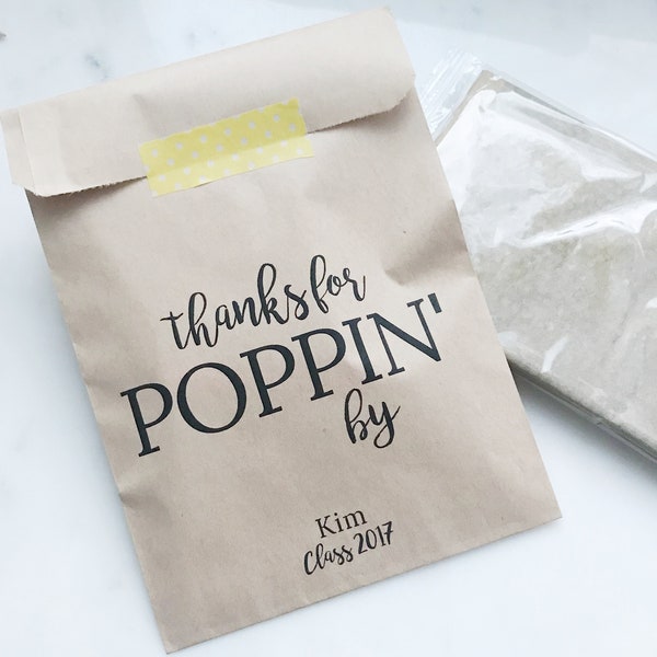 Popcorn Favor Bags! - Thanks for POPPIN' by! - Favor Bags - Custom Printed on Kraft Brown Paper Bags
