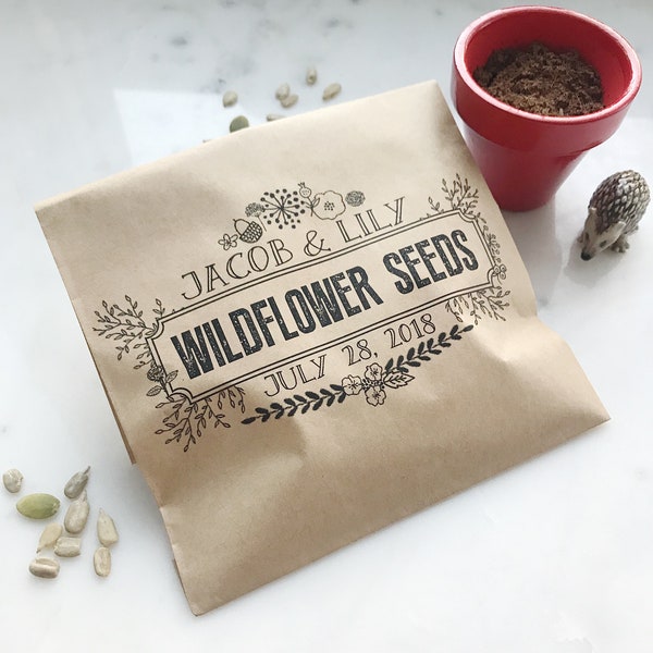 Wedding Favor Bags - Love Grows! Wildflower Seeds - Seed Bags - Custom Printed of Brown Kraft Paper