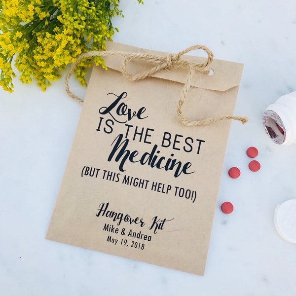 Wedding Hangover Kit Bags! - Love is the Best Medicine - Favor Bags - Custom Printed on Kraft Brown Paper Bags