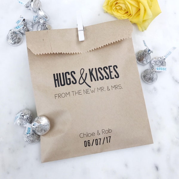 Wedding Favor Bags! - Hugs and Hersey Kisses - Favor Bags - Custom Printed on Kraft Brown Paper Bags