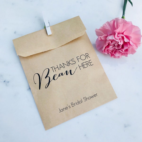 Wedding Favor Bags! - thanks for BEAN here - Coffee or Jelly Bean Favor Bags - Custom Printed on Kraft Brown Paper Bags
