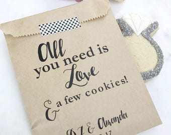Wedding Favor Bags – Personalized “All You Need is Love and a Few Cookies” Kraft Treat Bags for Reception & Dessert Table