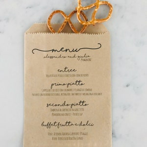Sacchetti per menù di nozze! - Carattere Whimsical Script - Menù per sacchetti del pane - Stampa personalizzata su carta Kraft marrone