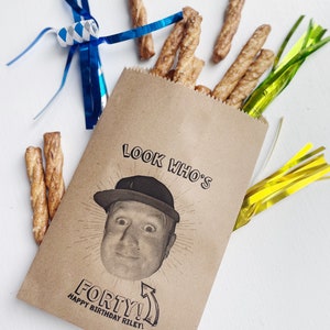 Birthday Favor Bags! - We ADD YOUR PICTURE, milestone birthday Face Blow Up - Favor Bags - Custom Printed on Kraft Brown Paper Bags!