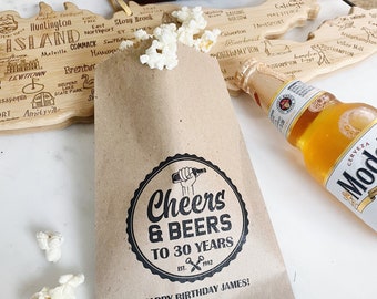 Birthday Favor Bags! - Cheers & Beers 30th 40th 50th 60th 70th etc Birthday - Favor Bags - Custom Printed on Kraft Brown Paper Bags!