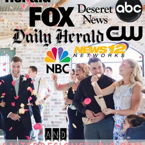 Puede incluir: Una ceremonia de boda con invitados lanzando p&eacute;talos de rosa mientras la pareja camina por el pasillo. La imagen incluye logotipos de varios medios de comunicaci&oacute;n, como Boston Herald, Fox News, Deseret News, ABC, Daily Herald, The CW, NBC y News 12 Networks. El texto "AND SALTEDDESIGNSSTUDIO.COM" tambi&eacute;n es visible.