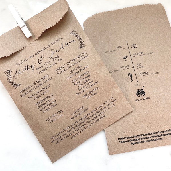 Wedding Program Bags - Bar Timeline - Program Bags - Custom Printed on Kraft Brown Paper Bags