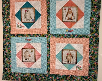 Big Foot Sisters Baby Girl Handmade Quilt, applique, bedding, crib blanket, baby blanket, flowers, butterflies