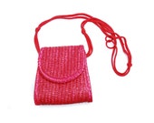 Vintage basket bag, plain red woven wood straw envelope handbag with shoulder strap, tiny straw handbag case, 1980s beach fashion accessory