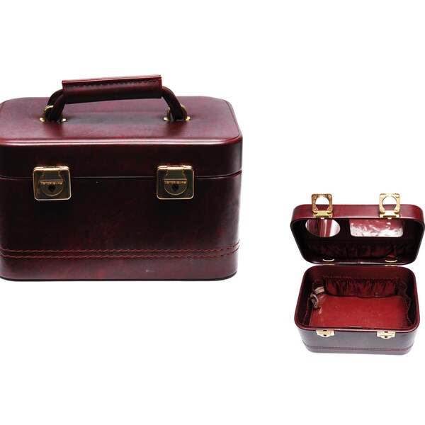 Vintage vanity case, burgundy red leather imitation top handle cosmetic bag with key, mirror and golden lock clasps, 1970s Astor Safe