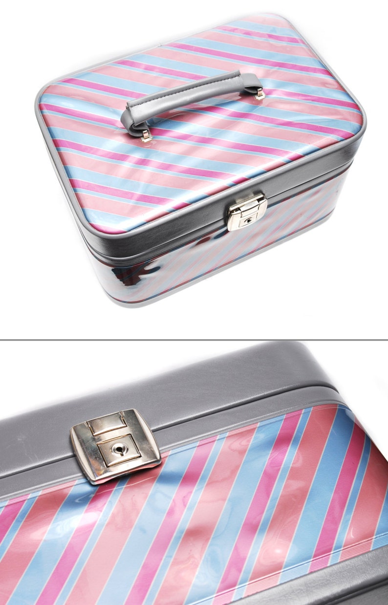 1970s grey pink orange blue striped pastel leather imitation luggage bag with mirror Vintage vanity train case slip sections and key