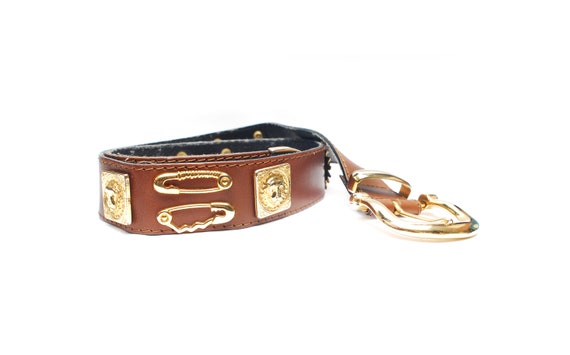 Vintage leather belt, brown buckle belt, lion safe