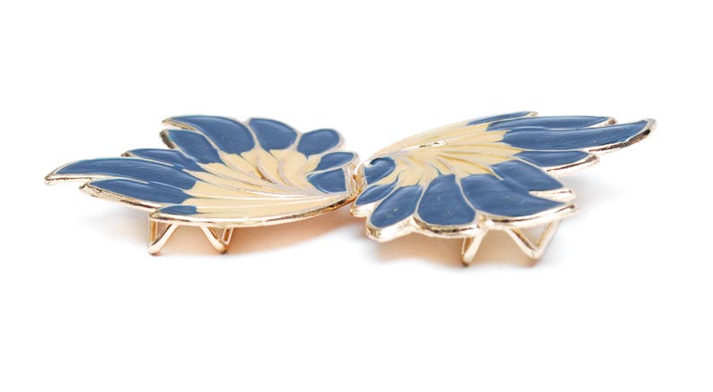 1970s dark blue beige gold leaf feather shaped metal enamel buckle DiY crafting Vintage belt making parts women/'s fashion accessory gift