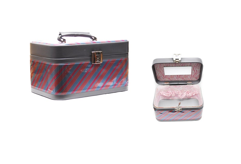 1970s grey pink orange blue striped pastel leather imitation luggage bag with mirror Vintage vanity train case slip sections and key