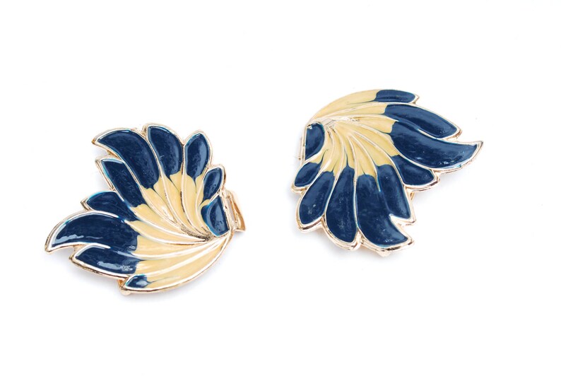 1970s dark blue beige gold leaf feather shaped metal enamel buckle DiY crafting Vintage belt making parts women/'s fashion accessory gift