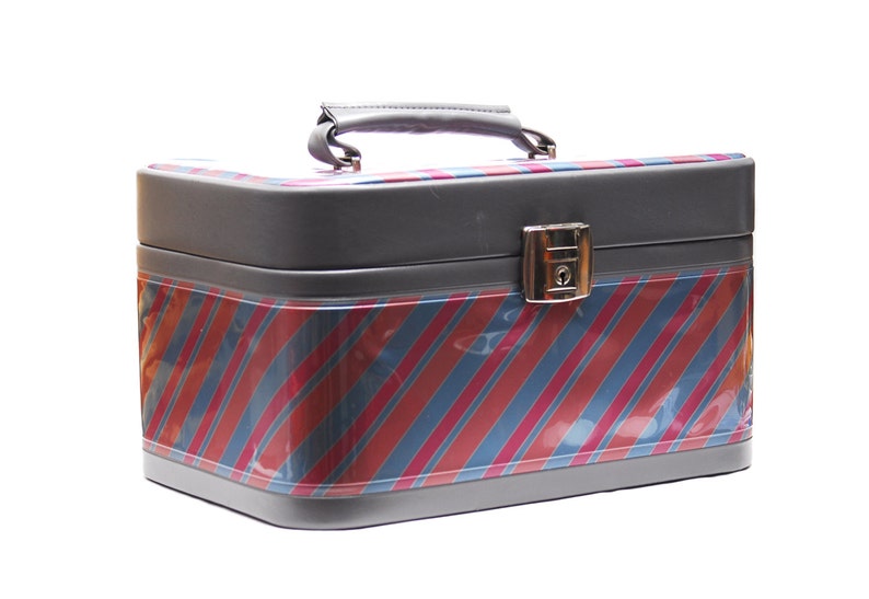 1970s grey pink orange blue striped pastel leather imitation luggage bag with mirror Vintage vanity train case slip sections and key