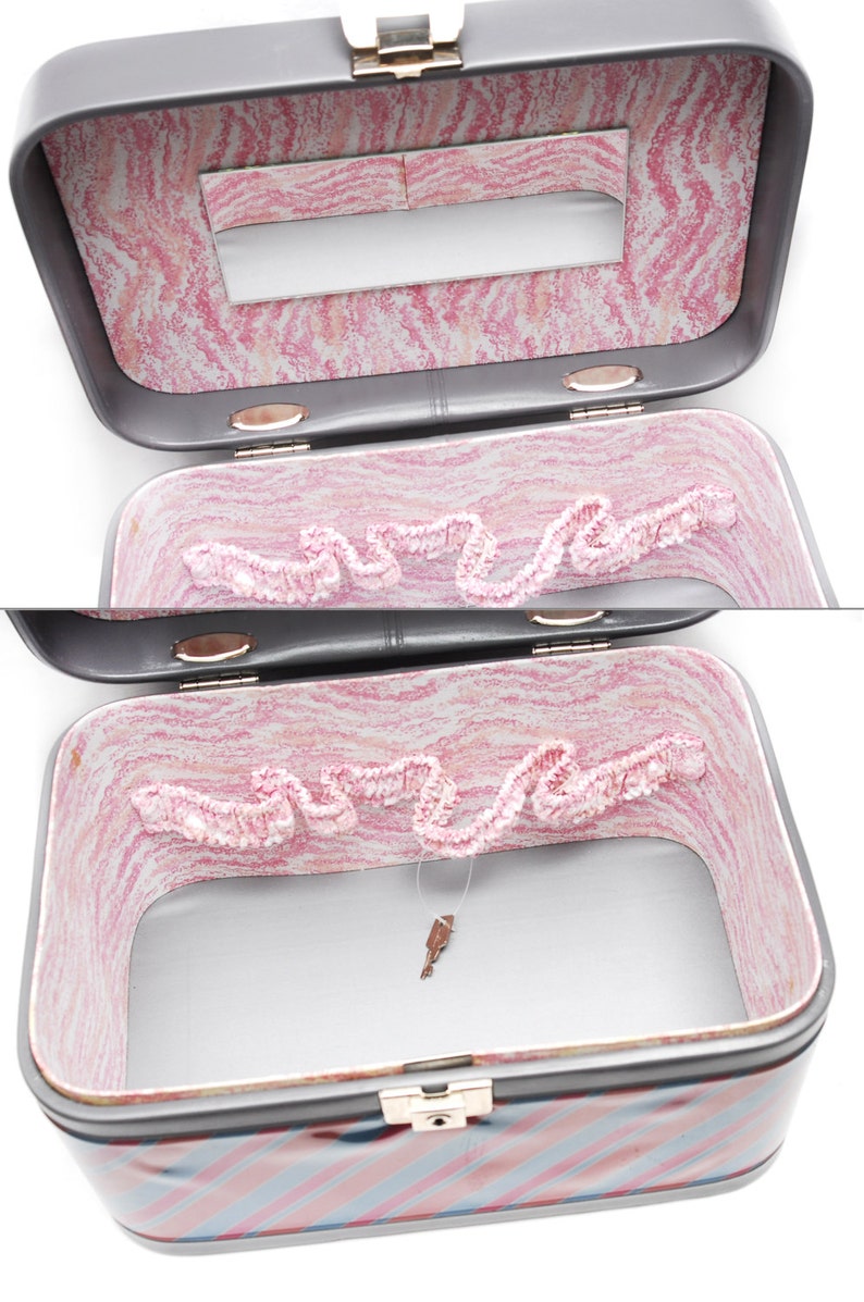 1970s grey pink orange blue striped pastel leather imitation luggage bag with mirror Vintage vanity train case slip sections and key