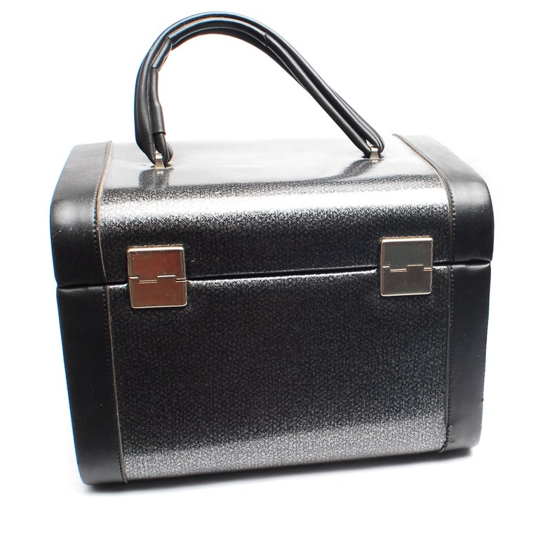 Vintage Vanity Case Black Grey Leather Imitation Top Handle Etsy