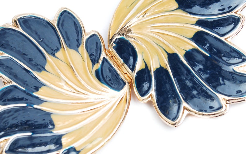 1970s dark blue beige gold leaf feather shaped metal enamel buckle DiY crafting Vintage belt making parts women/'s fashion accessory gift