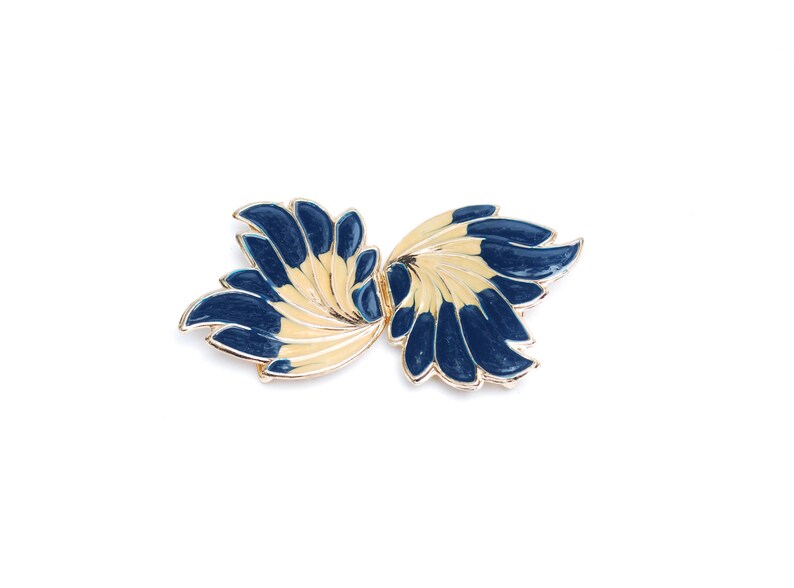 1970s dark blue beige gold leaf feather shaped metal enamel buckle DiY crafting Vintage belt making parts women/'s fashion accessory gift