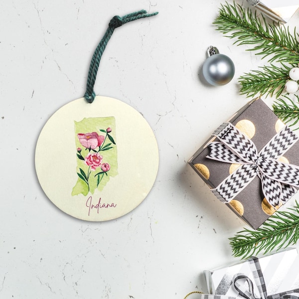 Indiana State flower wooden ornament | 4x4"  | Watercolor flower map | Peony flower | Indiana Christmas Ornament | Indiana Gift