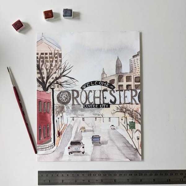 City of Rochester Watercolor Painting print | Rochester New York art | City center | Geva Theater