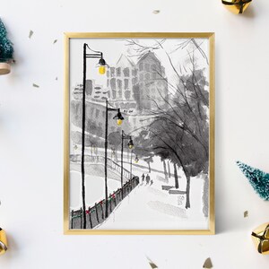 City of Rochester Holiday Snow Watercolor Painting print | Rochester New York art | Genesee River
