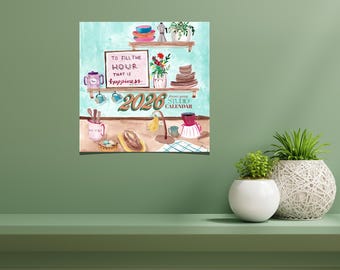 Peut inclure: Calendrier 2026 de style aquarelle sur le thème de la cuisine. Le calendrier présente des étagères avec de la vaisselle, des plantes et une cafetière. Le texte sur le calendrier indique "To fill the hour that is happiness" et "dreamer's going studio calendar."