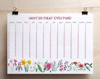 Peut inclure: Un calendrier imprimable avec un motif floral et le texte "HAPPY BIRTHDAY. EVERYONE!" en haut. Le calendrier comprend les 12 mois de l'année, chaque mois étant listé dans une colonne séparée. Chaque jour du mois est numéroté en rouge.