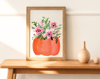 Pumpkin Floral Watercolor 8x10" Print | Pumpkin watercolor Decor | Fall floral decor | Pink flower fall Painting | Gift for flower lover